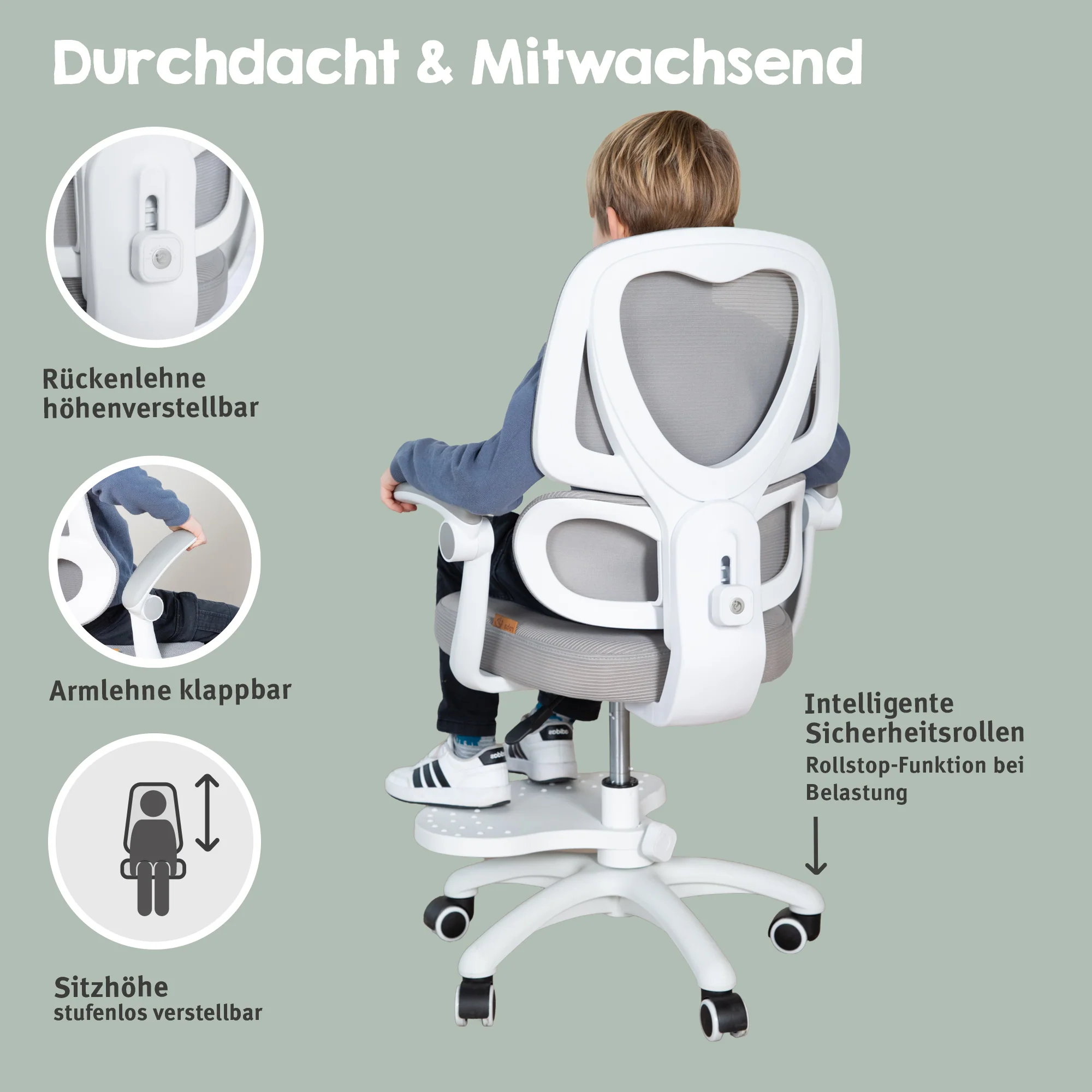 Kinderbürostuhl Smart Grow Premium - Ergonomischer Drehstuhl - Höhenverstellbar - Weiß / Grau - Image 30