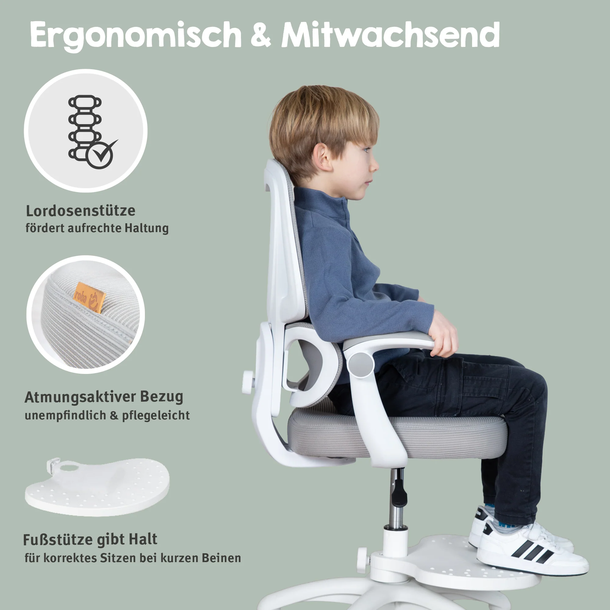 Kinderbürostuhl Smart Grow Premium - Ergonomischer Drehstuhl - Höhenverstellbar - Weiß / Grau - Image 31
