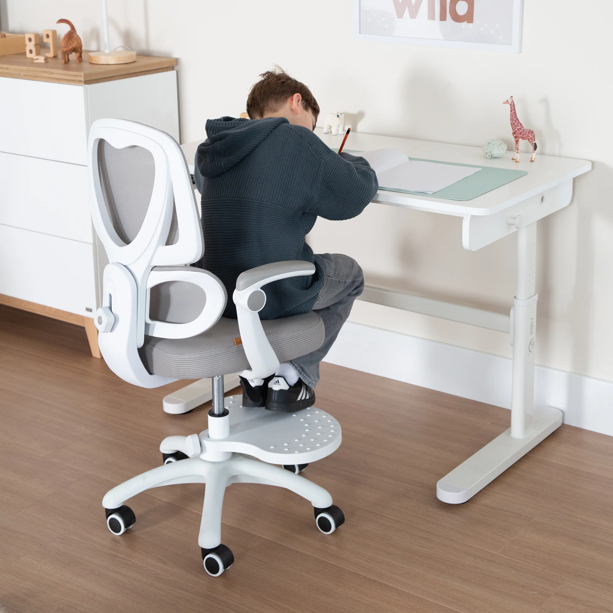Kinderbürostuhl Smart Grow Premium - Ergonomischer Drehstuhl - Höhenverstellbar - Weiß / Grau - Image 34