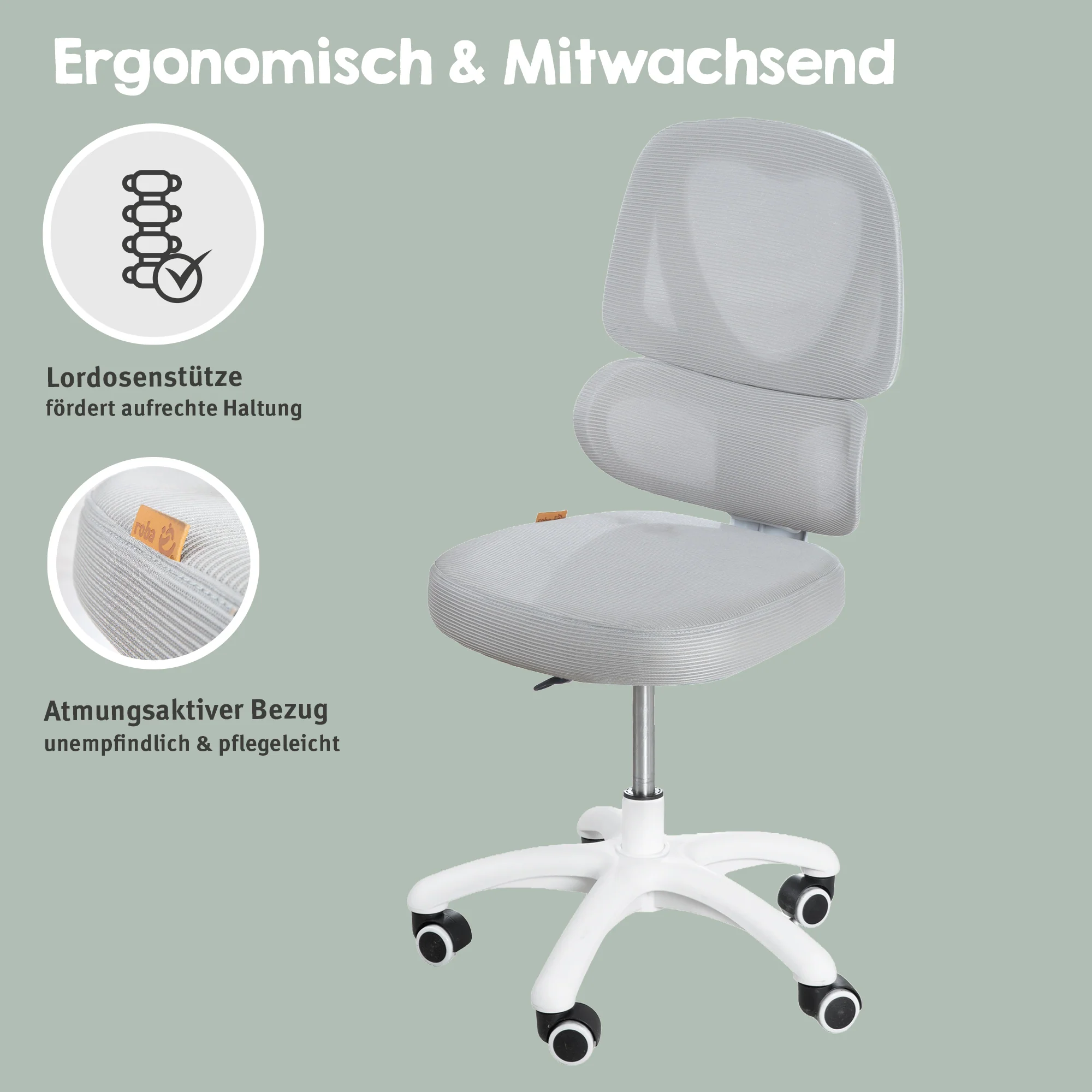 Kinderbürostuhl Smart Grow Premium - Ergonomischer Drehstuhl - Höhenverstellbar - Weiß / Grau - Image 4
