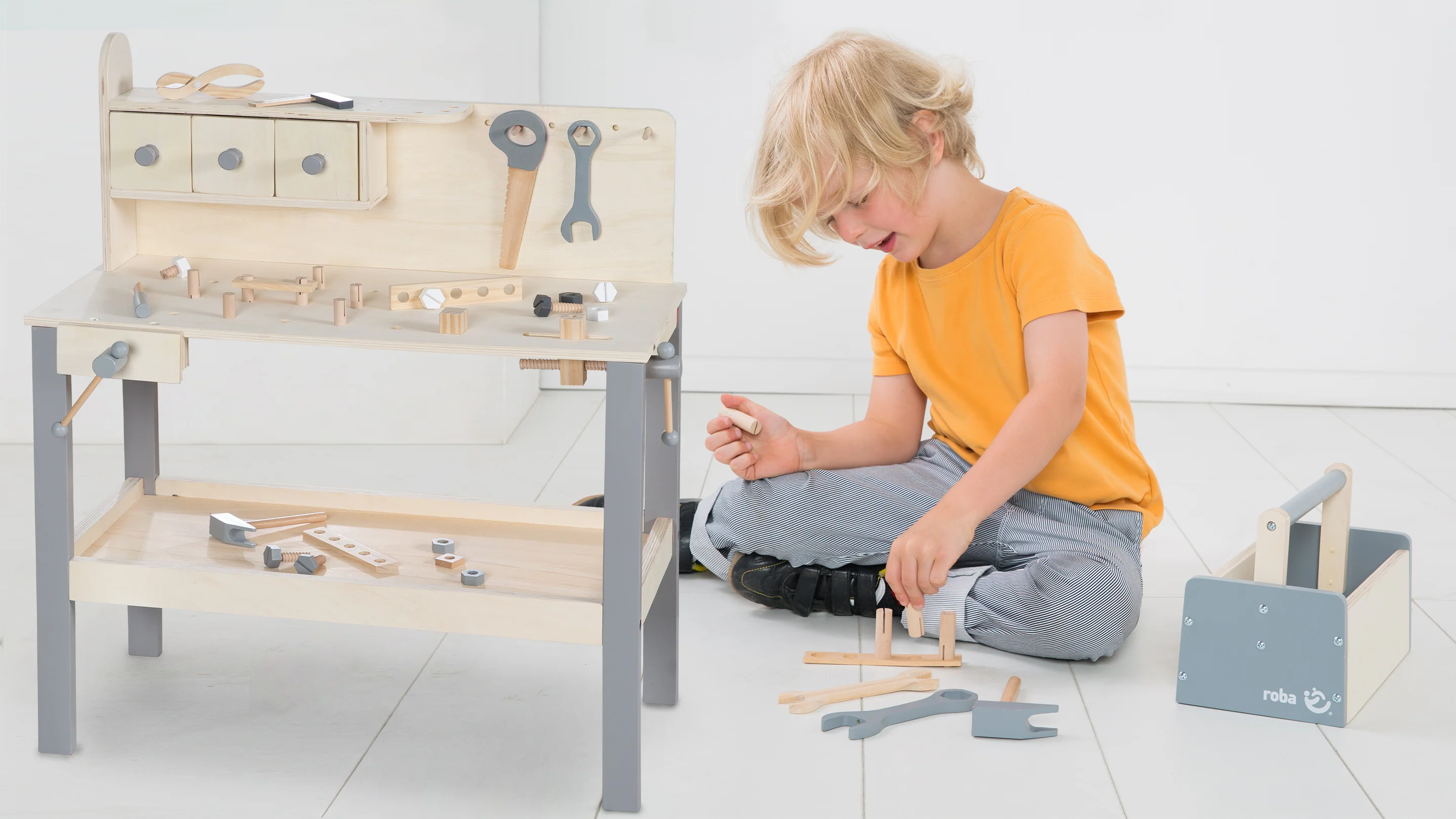 Werkbank, große Holzwerkbank, inkl. Werkzeugset, großer Arbeitsplatte, Ablage, 3 Schubfächern - Image 4
