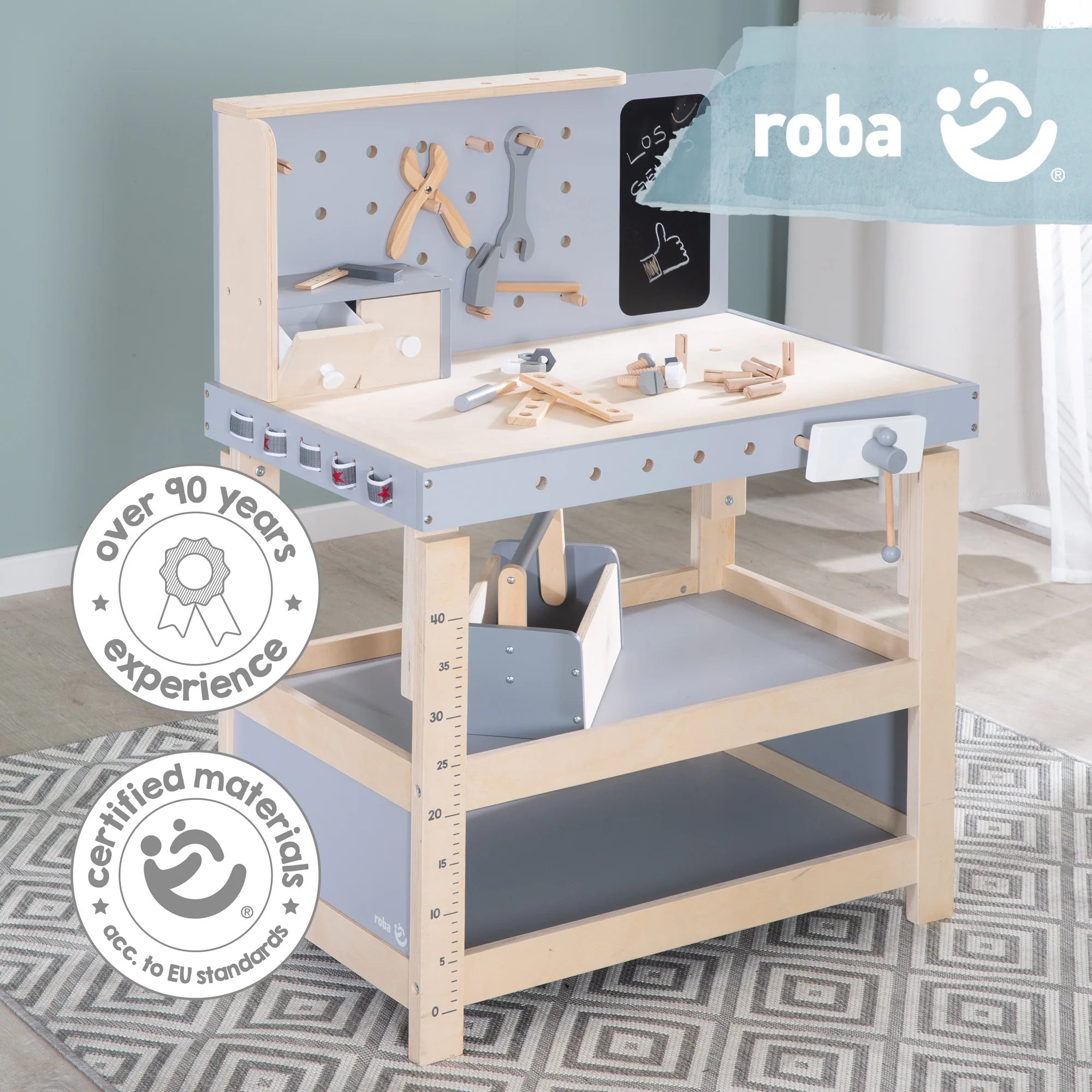 Werkbank, Holzwerkbank, Werkzeug-Set, große Arbeitsplatte, Ablage, 3 Schubfächer, mitwachsend - Image 8