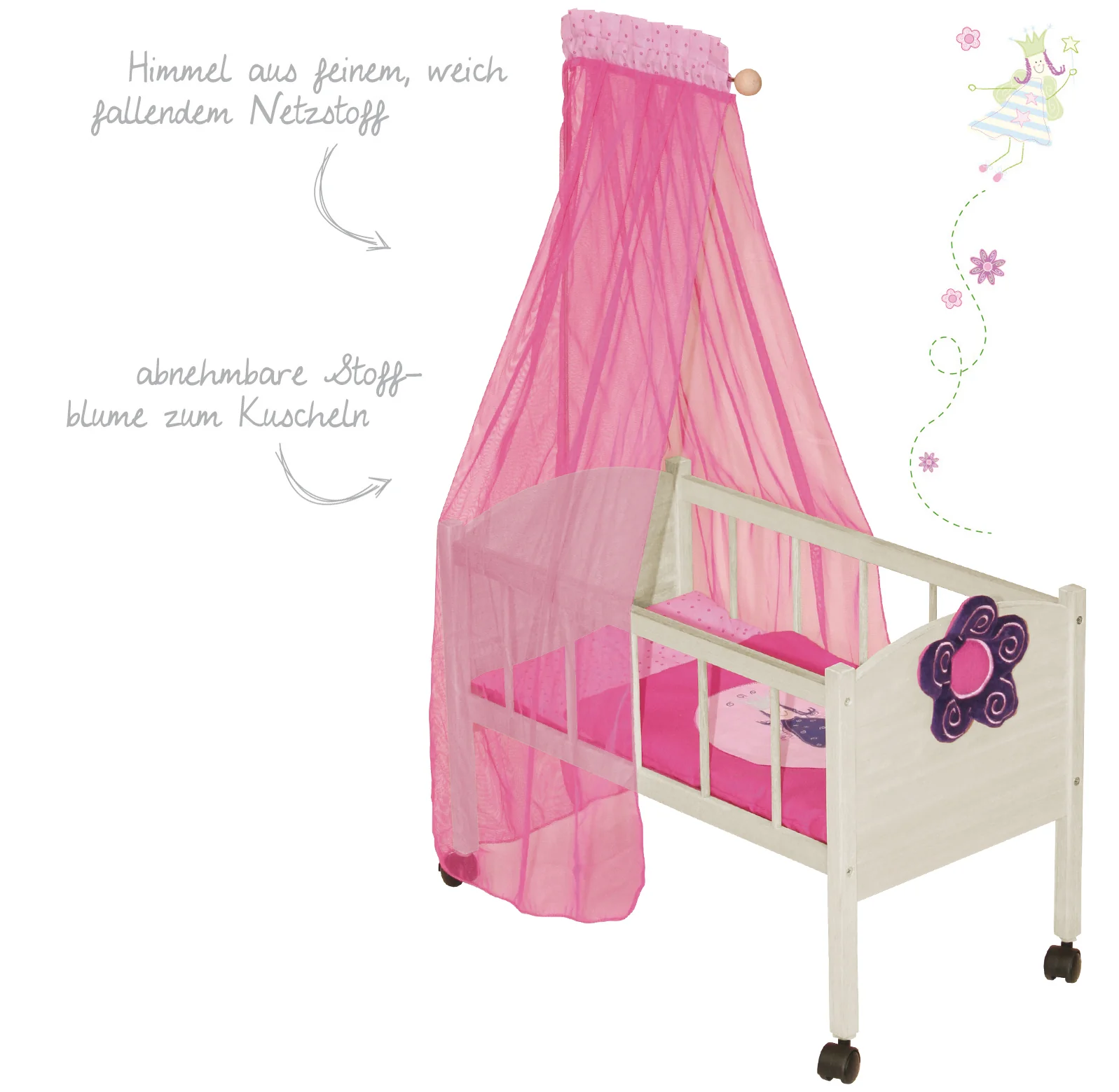 Puppenbett Serie 'Happy Fee', Holz natur inkl. textiler Ausstattung, Bettwäsche & Himmel pink - Image 3