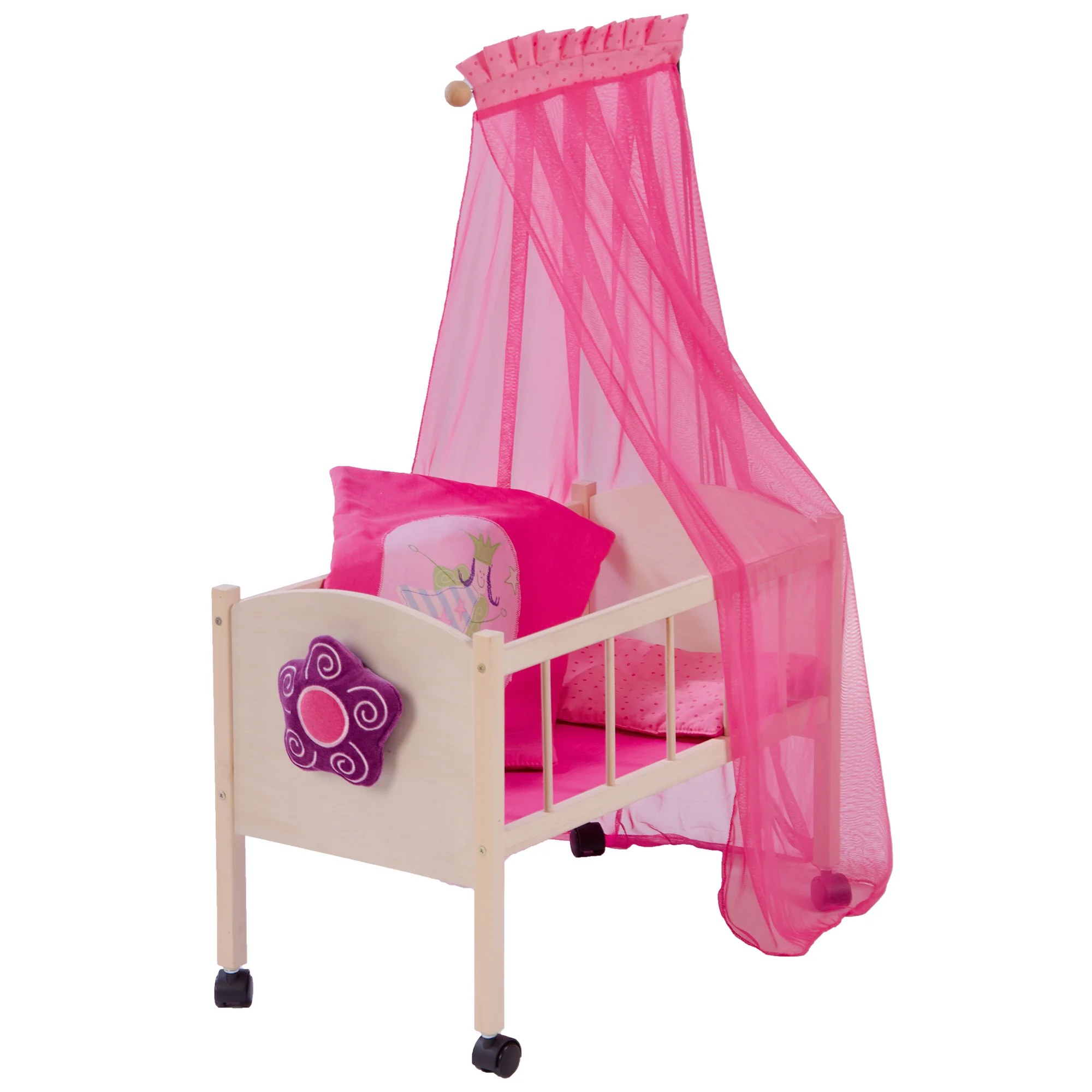 Puppenbett Serie 'Happy Fee', Holz natur inkl. textiler Ausstattung, Bettwäsche & Himmel pink - Image 4