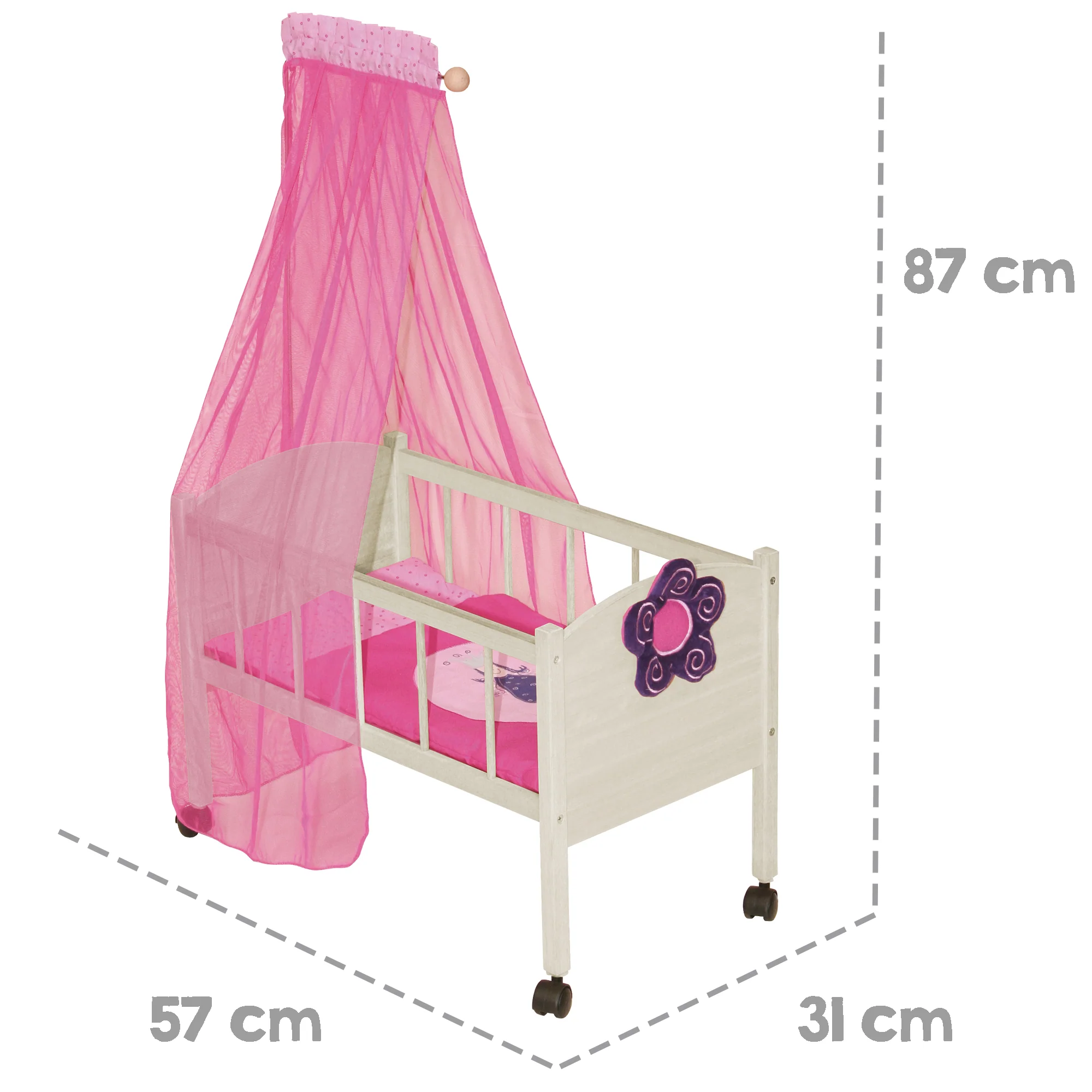 Puppenbett Serie 'Happy Fee', Holz natur inkl. textiler Ausstattung, Bettwäsche & Himmel pink - Image 5