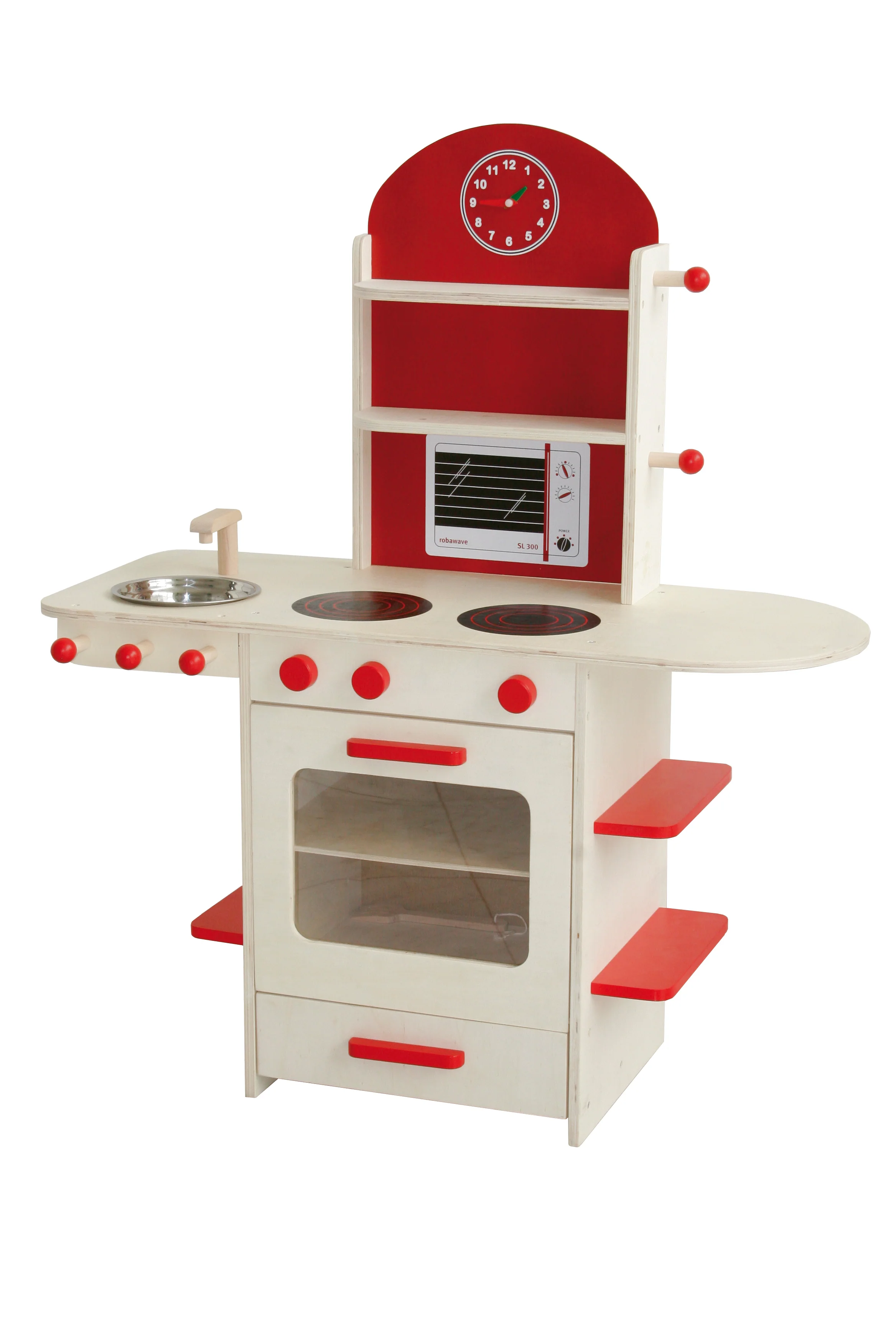 Spielküche, Holzküche natur/rot, Kinderspielküche mit Herd, Spüle, Wasserhahn & Regal - Image 3