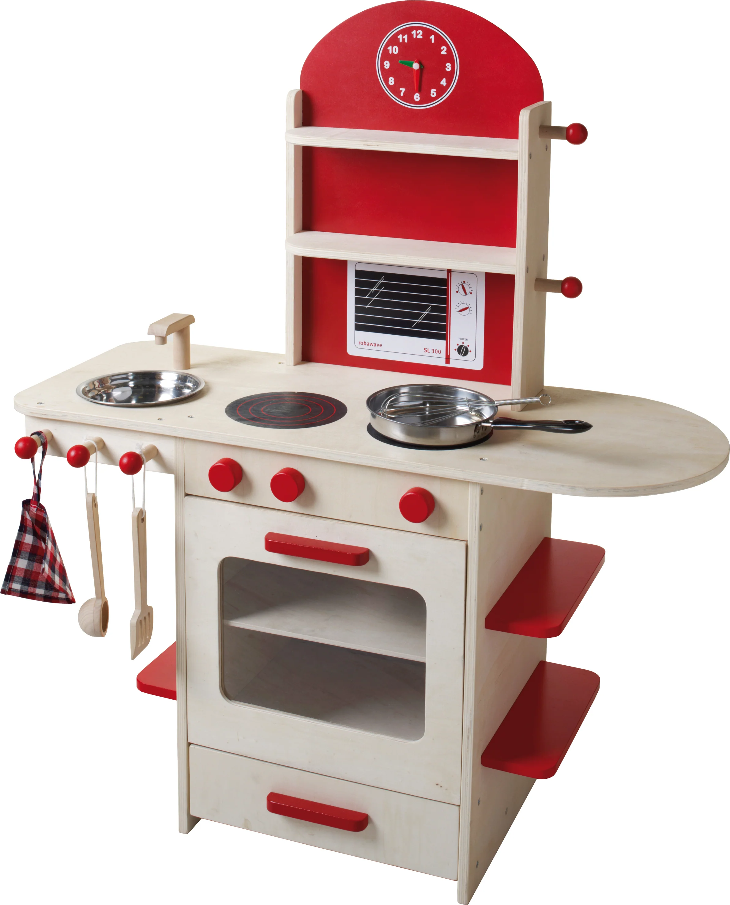 Spielküche, Holzküche natur/rot, Kinderspielküche mit Herd, Spüle, Wasserhahn & Regal - Image 4