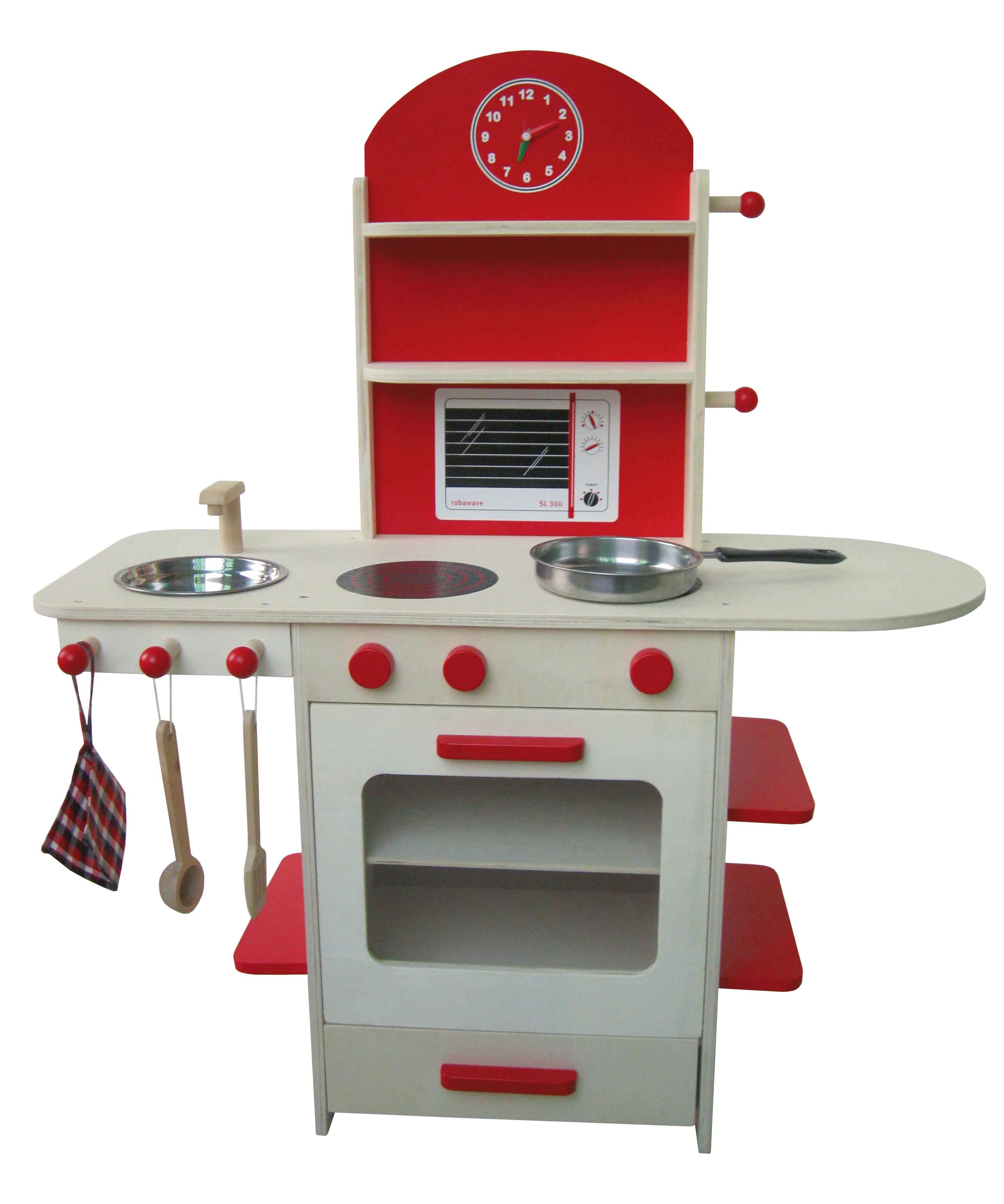 Spielküche, Holzküche natur/rot, Kinderspielküche mit Herd, Spüle, Wasserhahn & Regal - Image 5