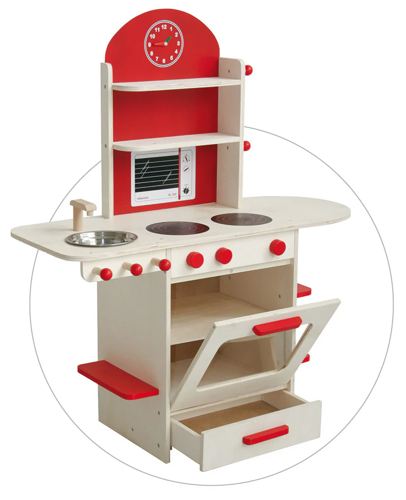 Spielküche, Holzküche natur/rot, Kinderspielküche mit Herd, Spüle, Wasserhahn & Regal - Image 6