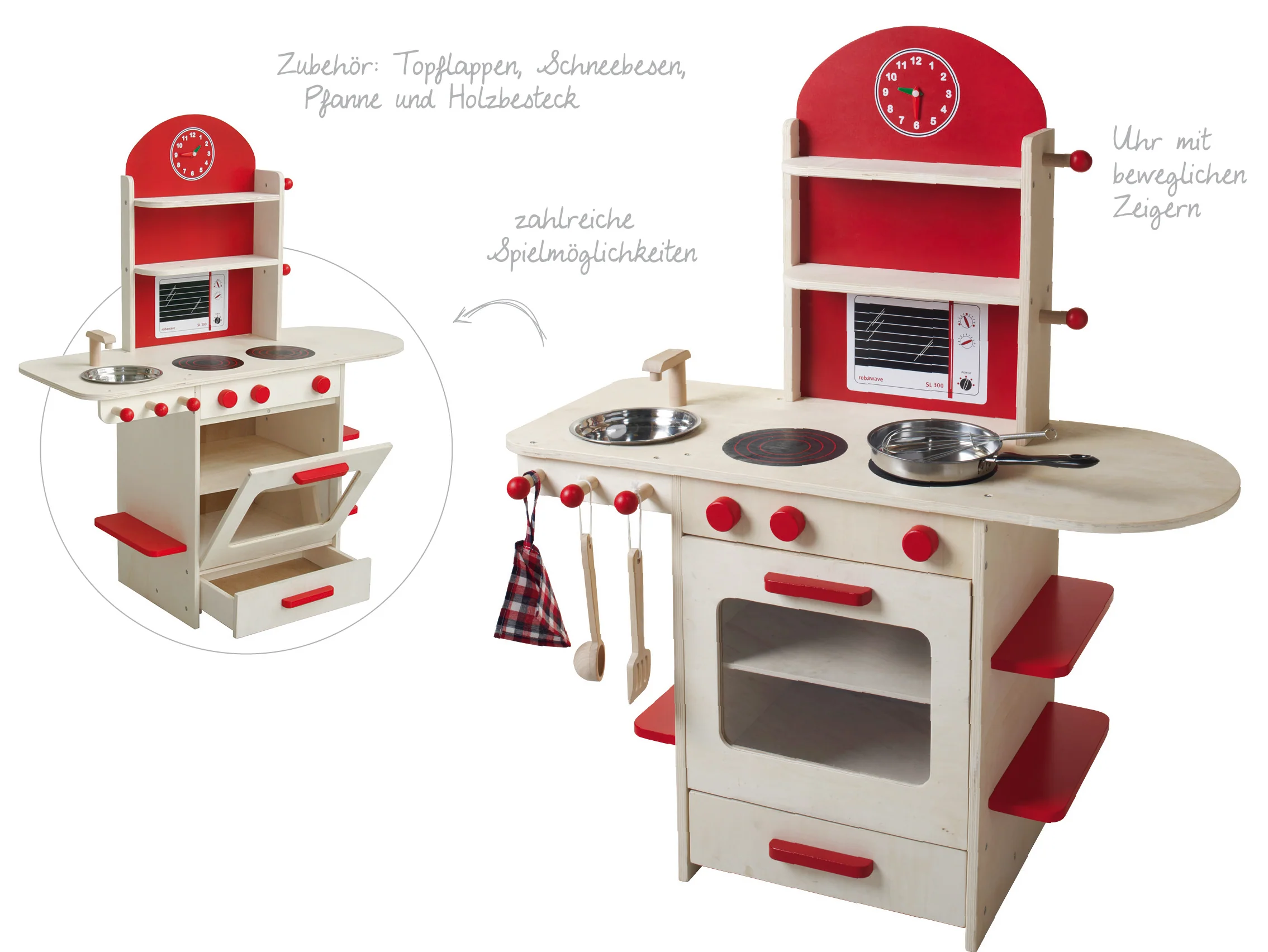 Spielküche, Holzküche natur/rot, Kinderspielküche mit Herd, Spüle, Wasserhahn & Regal - Image 7