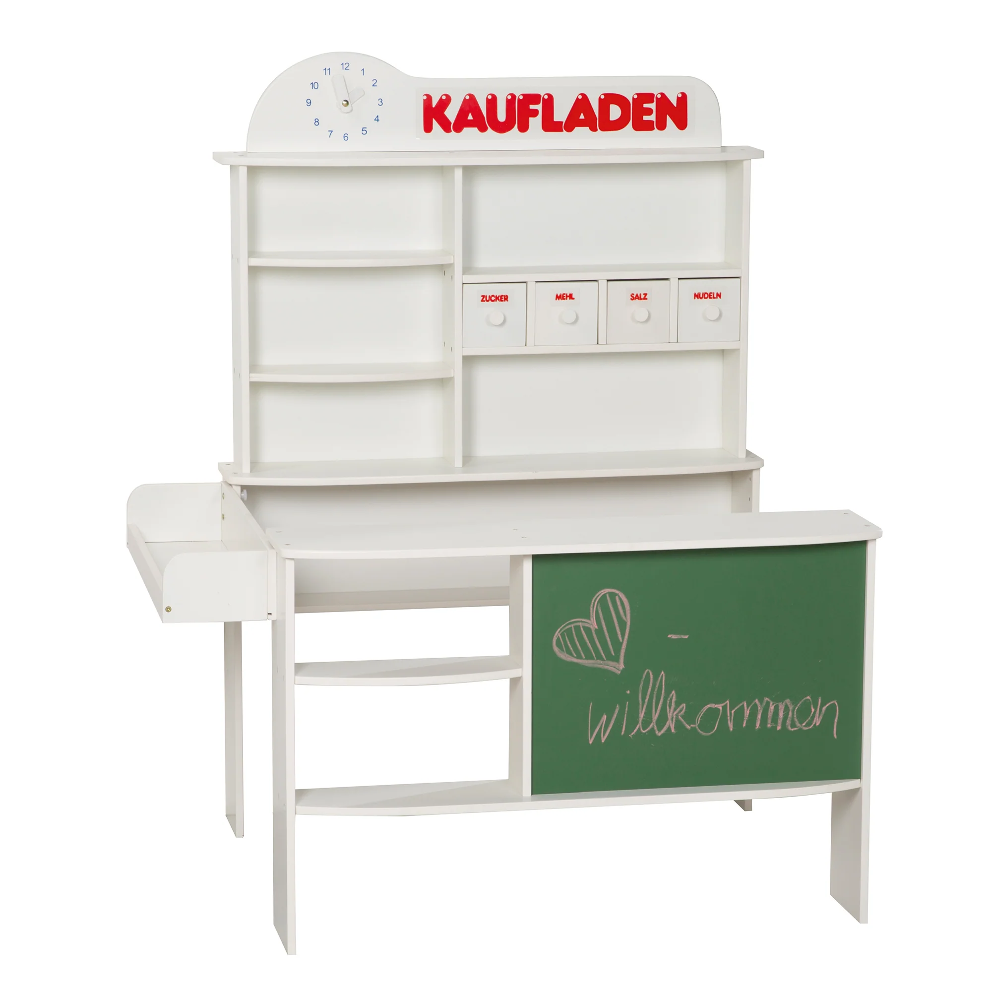 Kaufladen, Holz weiß, Verkaufsstand, 4 Schubladen, Uhr, Tafel, Theke, Seitentheke - Image 3